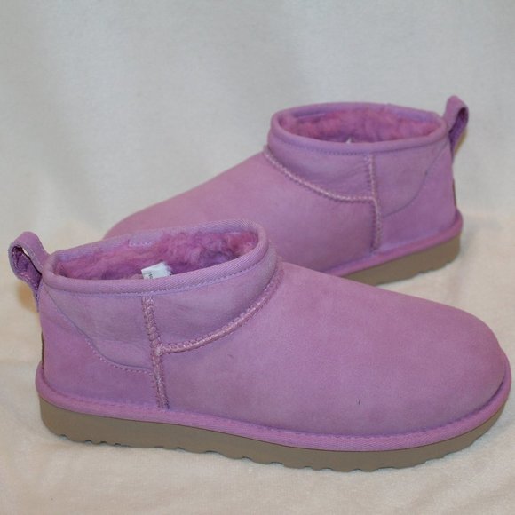 NIB UGG ULTRA MINI SUEDE SHEARLING ANKLE BOOTS WILDFLOWER PINK - Picture 2 of 7